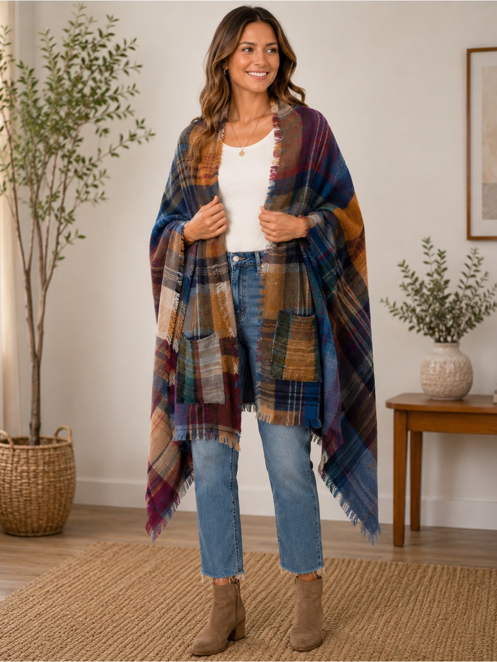 Beautiful multicolored plaid poncho pashmina with pockets EUC